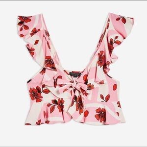 TopShop Floral Print Ruffle V-Neck Crop Tank Top